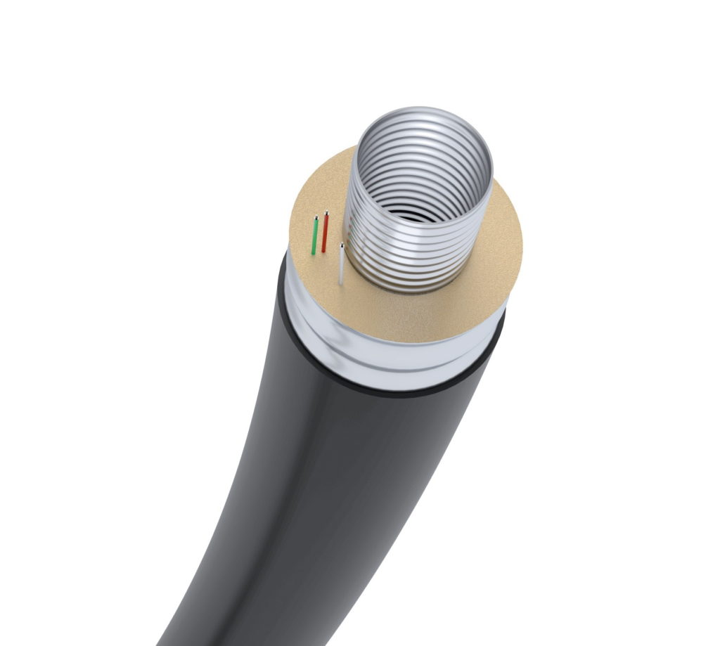 Brugg's patented FLEXWELL pre-insulated pipe is a double walled stainless steel design with integrated leak monitoring specifically designed for use in district heating.